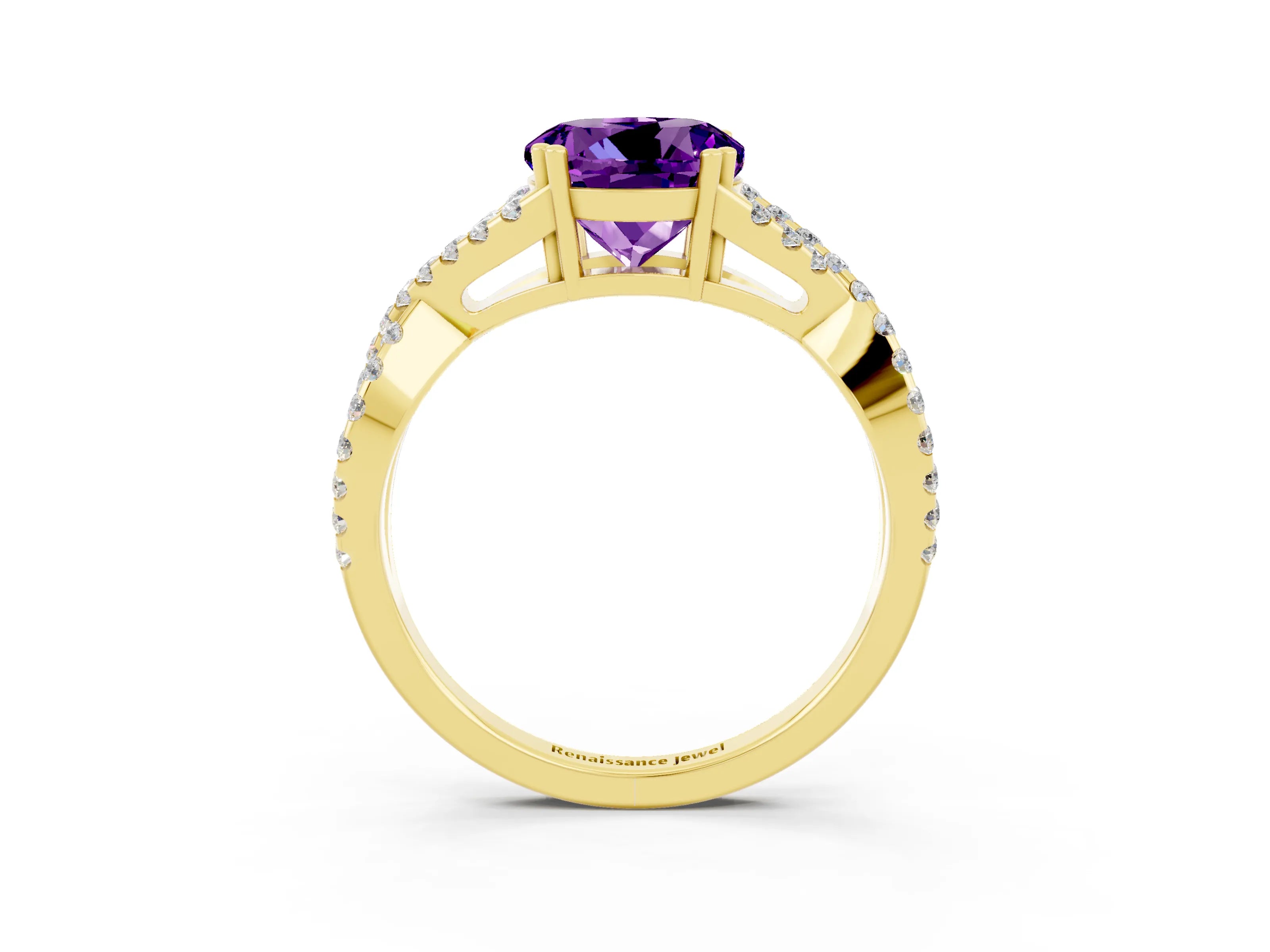 Yellow gold Round Cut Amethyst Solitaire Ring with Four-Prong Setting and Twisted Pavé Band_3