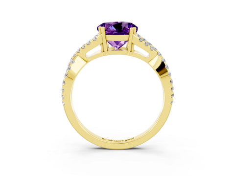 Yellow gold Round Cut Amethyst Solitaire Ring with Four-Prong Setting and Twisted Pavé Band_3