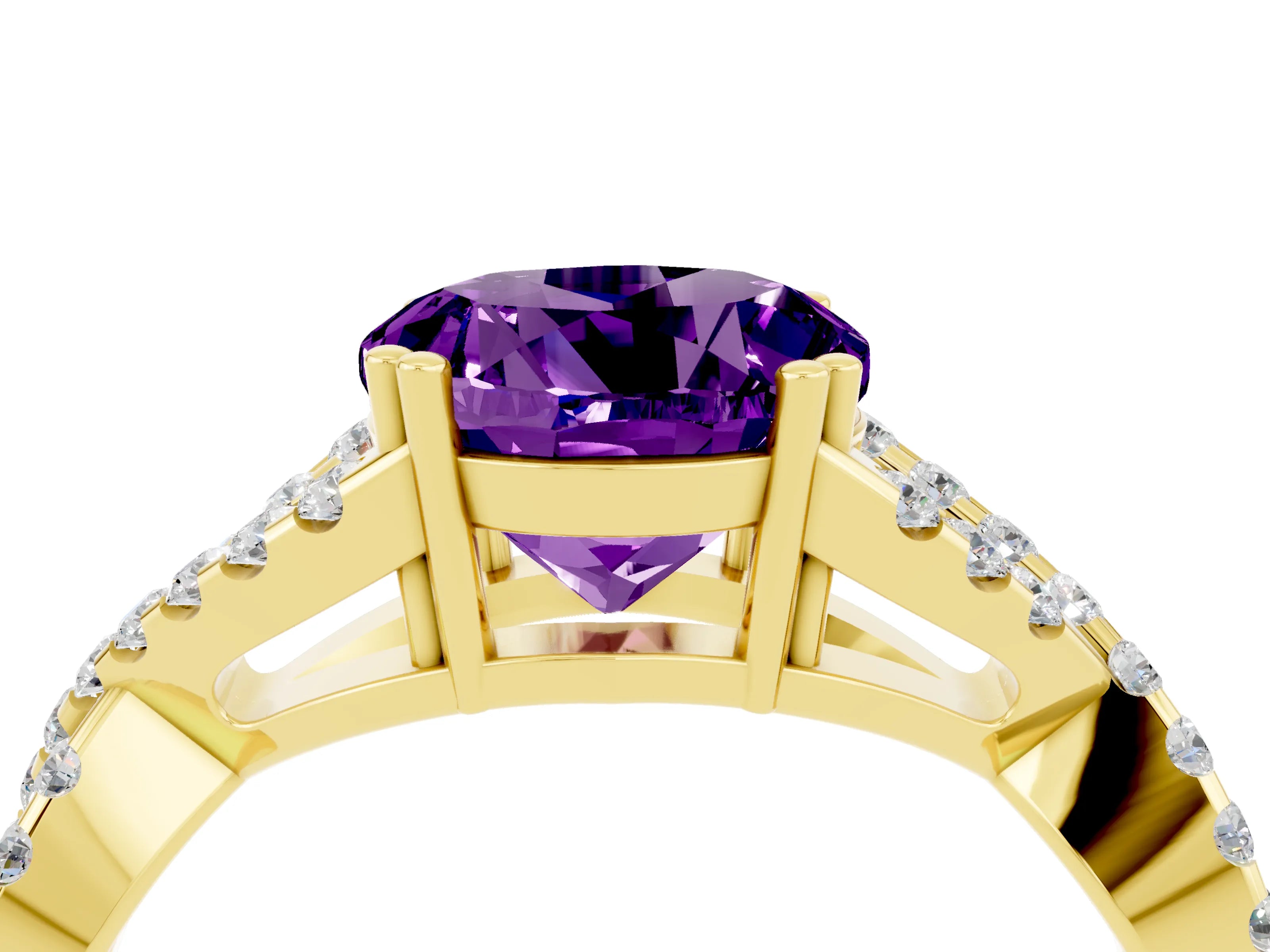 Yellow gold Round Cut Amethyst Solitaire Ring with Four-Prong Setting and Twisted Pavé Band_4
