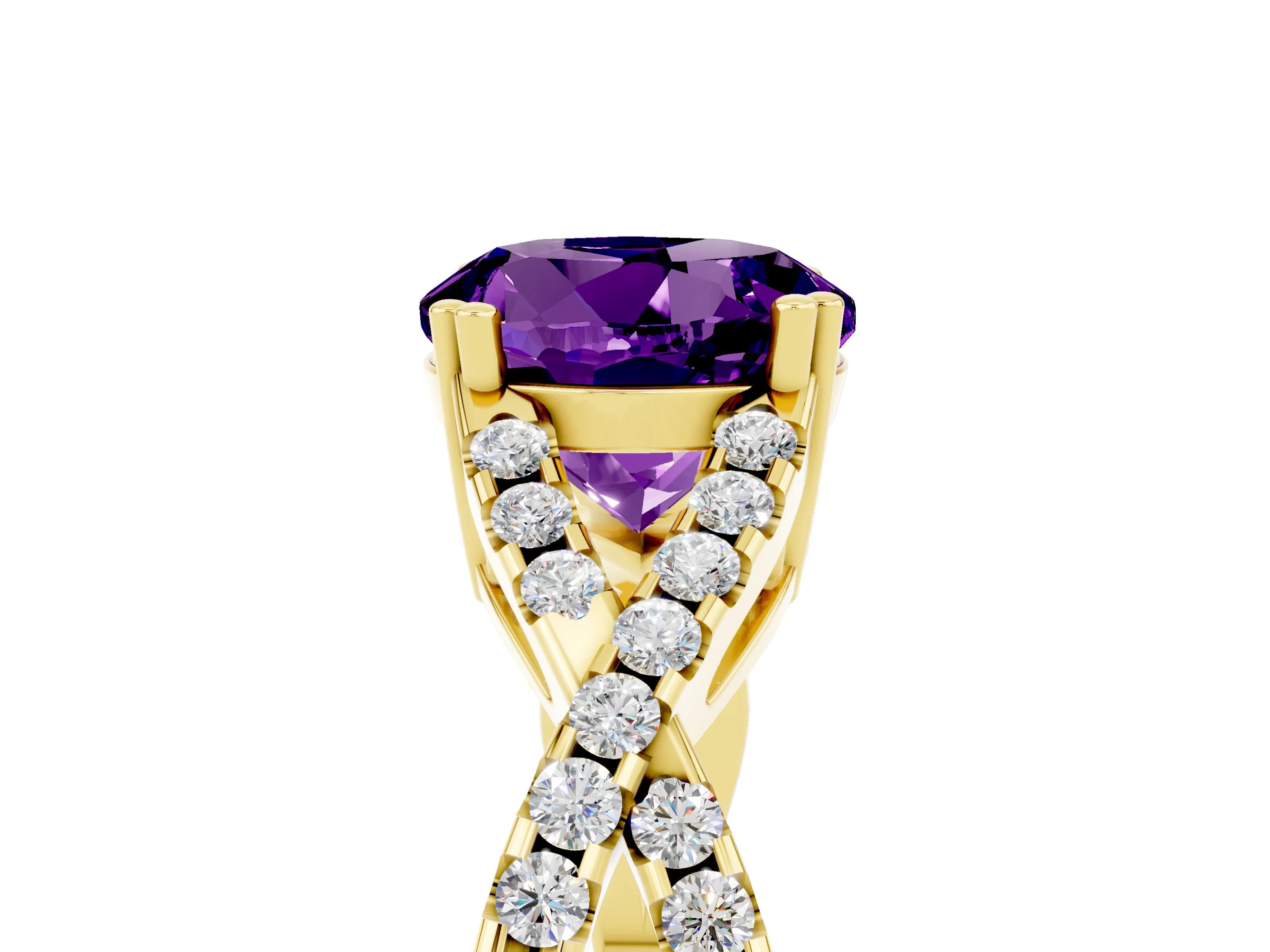 Yellow gold Round Cut Amethyst Solitaire Ring with Four-Prong Setting and Twisted Pavé Band_5