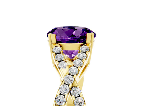 Yellow gold Round Cut Amethyst Solitaire Ring with Four-Prong Setting and Twisted Pavé Band_5