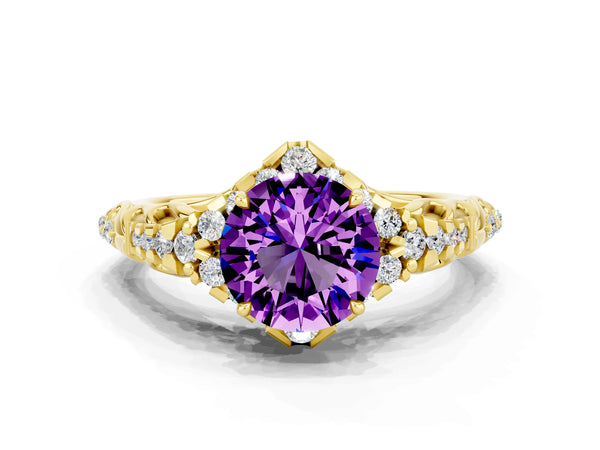 Yellow gold Round Cut Amethyst Solitaire Ring with Hidden Halo and Pavé Band