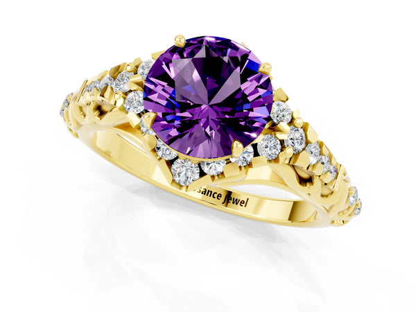 Yellow gold Round Cut Amethyst Solitaire Ring with Hidden Halo and Pavé Band