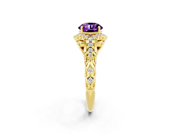 Yellow gold Round Cut Amethyst Solitaire Ring with Hidden Halo and Pavé Band
