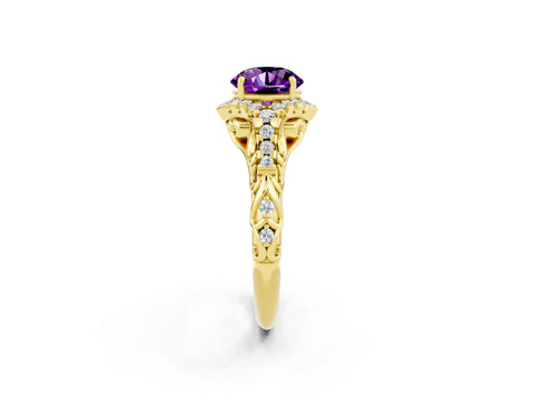 Yellow gold Round Cut Amethyst Solitaire Ring with Hidden Halo and Pavé Band_14