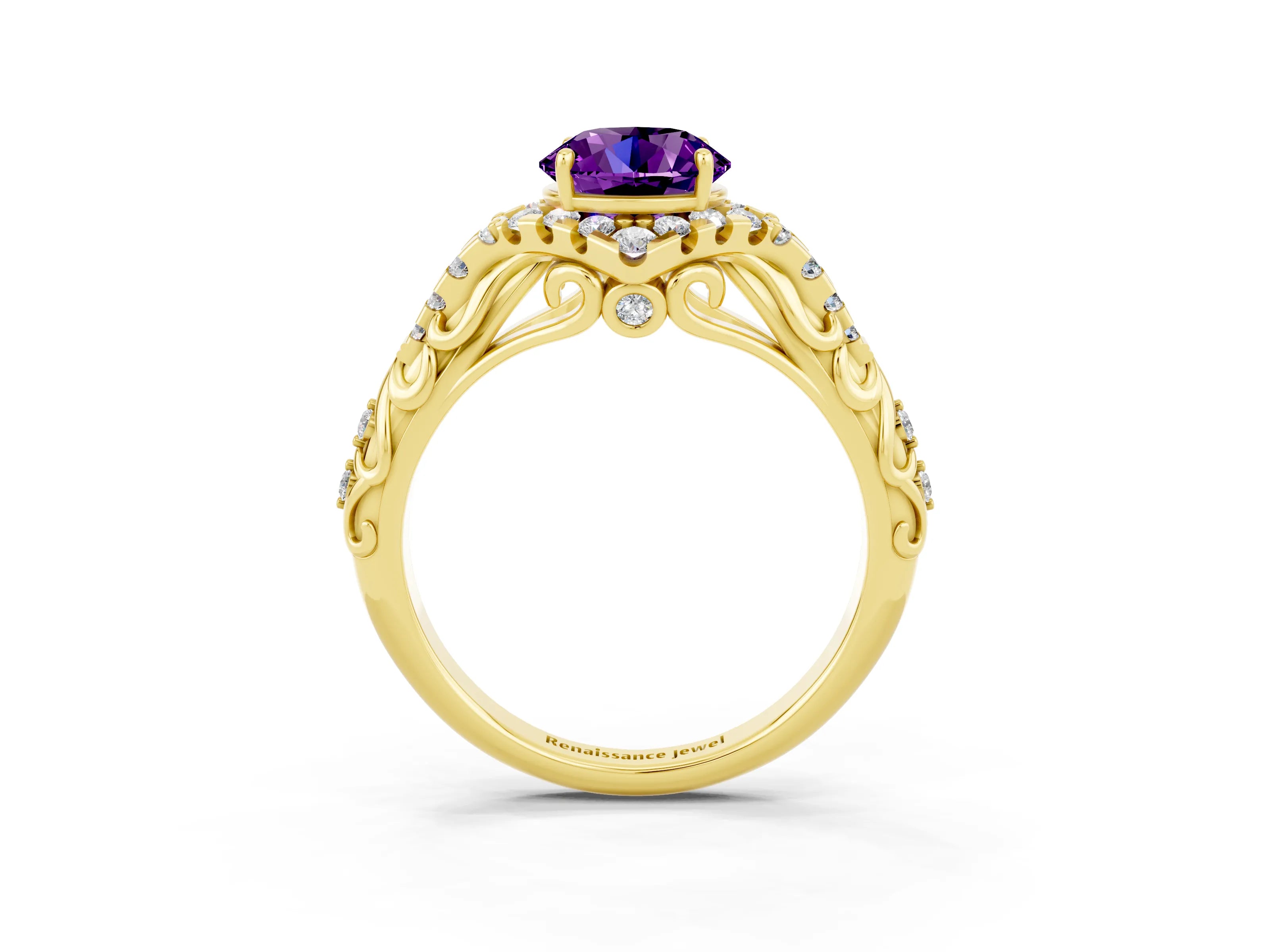 Yellow gold Round Cut Amethyst Solitaire Ring with Hidden Halo and Pavé Band_15