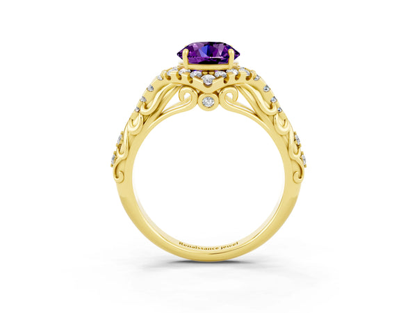 Yellow gold Round Cut Amethyst Solitaire Ring with Hidden Halo and Pavé Band