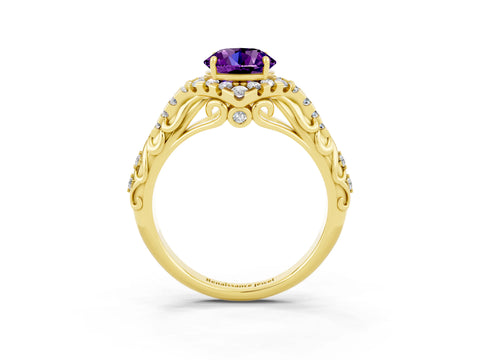 Yellow gold Round Cut Amethyst Solitaire Ring with Hidden Halo and Pavé Band_15