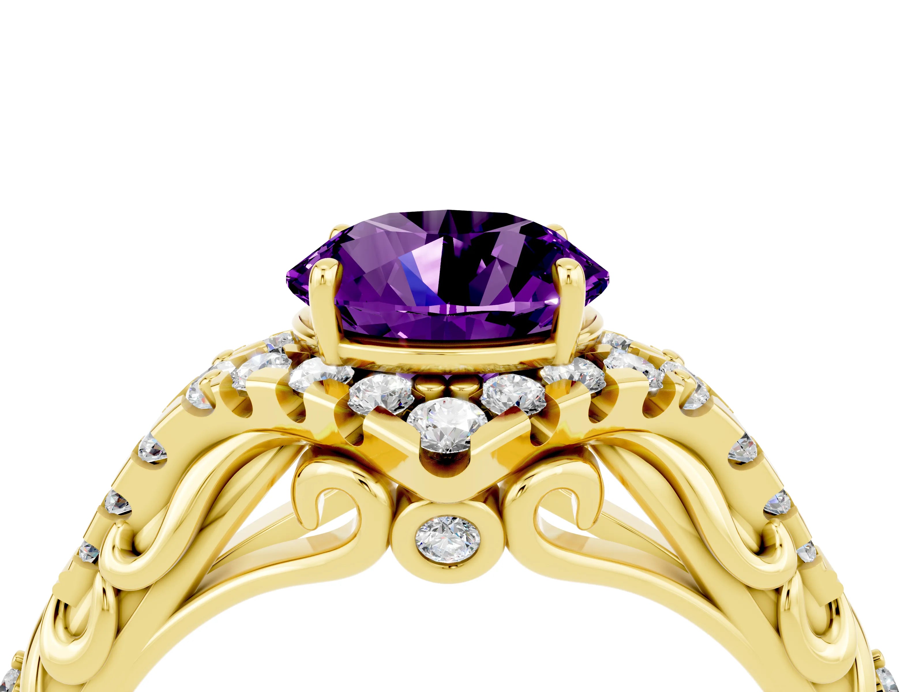 Yellow gold Round Cut Amethyst Solitaire Ring with Hidden Halo and Pavé Band_16