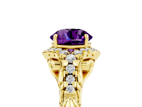 Yellow gold Round Cut Amethyst Solitaire Ring with Hidden Halo and Pavé Band_17