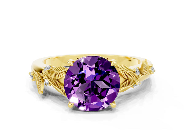 Yellow gold Round Cut Amethyst Solitaire Ring with Leaf Motif Band and Four-Prong Setting