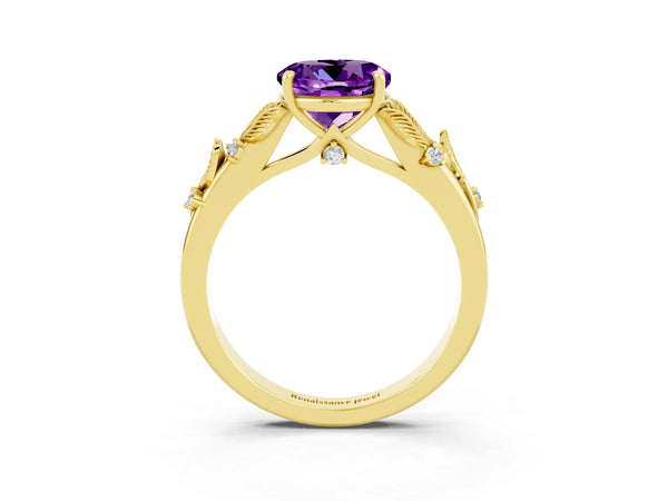 Yellow gold Round Cut Amethyst Solitaire Ring with Leaf Motif Band and Four-Prong Setting