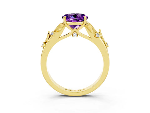 Yellow gold Round Cut Amethyst Solitaire Ring with Leaf Motif Band and Four-Prong Setting_3