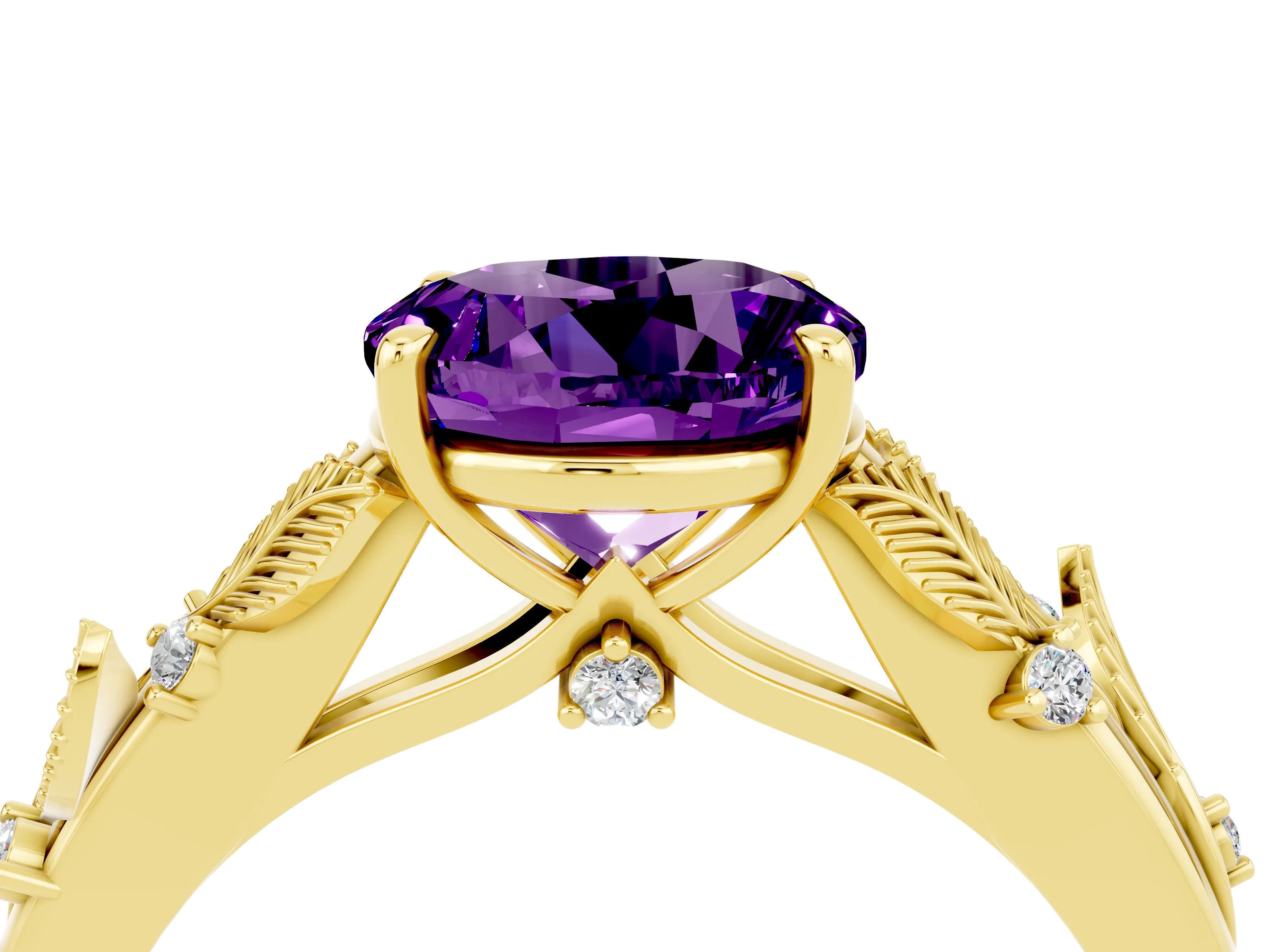 Yellow gold Round Cut Amethyst Solitaire Ring with Leaf Motif Band and Four-Prong Setting_4