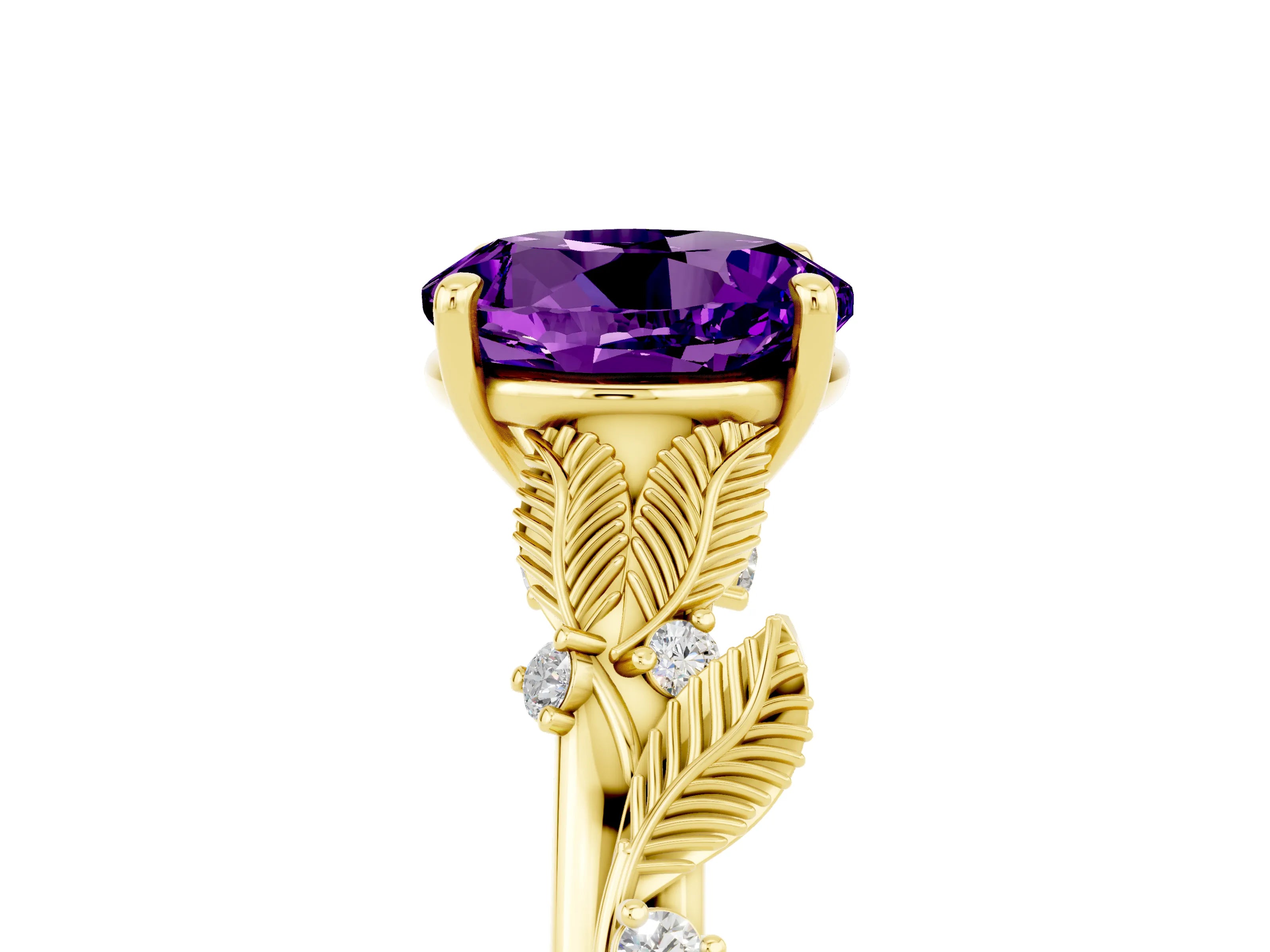 Yellow gold Round Cut Amethyst Solitaire Ring with Leaf Motif Band and Four-Prong Setting_5