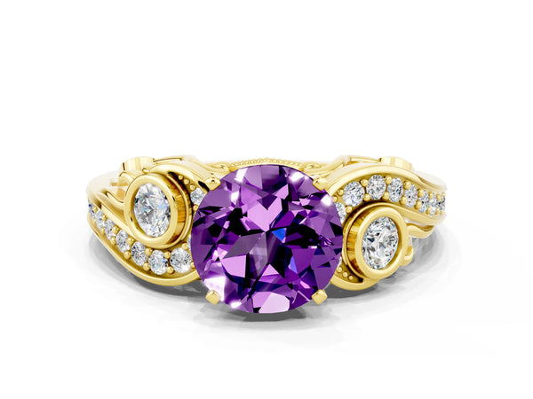 Yellow gold Round Cut Amethyst Solitaire Ring with Milgrain Pavé Band and Four-Prong Setting