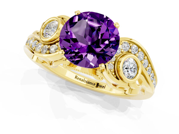 Yellow gold Round Cut Amethyst Solitaire Ring with Milgrain Pavé Band and Four-Prong Setting