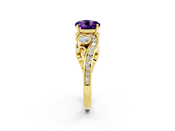 Yellow gold Round Cut Amethyst Solitaire Ring with Milgrain Pavé Band and Four-Prong Setting