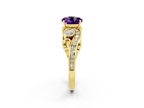 Yellow gold Round Cut Amethyst Solitaire Ring with Milgrain Pavé Band and Four-Prong Setting_26