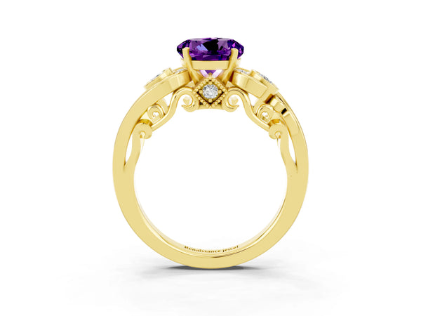 Yellow gold Round Cut Amethyst Solitaire Ring with Milgrain Pavé Band and Four-Prong Setting