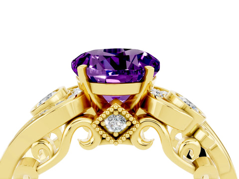 Yellow gold Round Cut Amethyst Solitaire Ring with Milgrain Pavé Band and Four-Prong Setting_28
