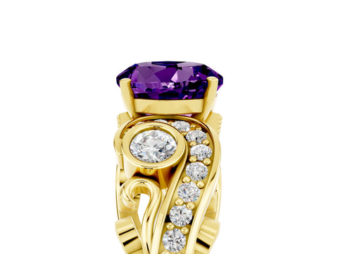 Yellow gold Round Cut Amethyst Solitaire Ring with Milgrain Pavé Band and Four-Prong Setting_29