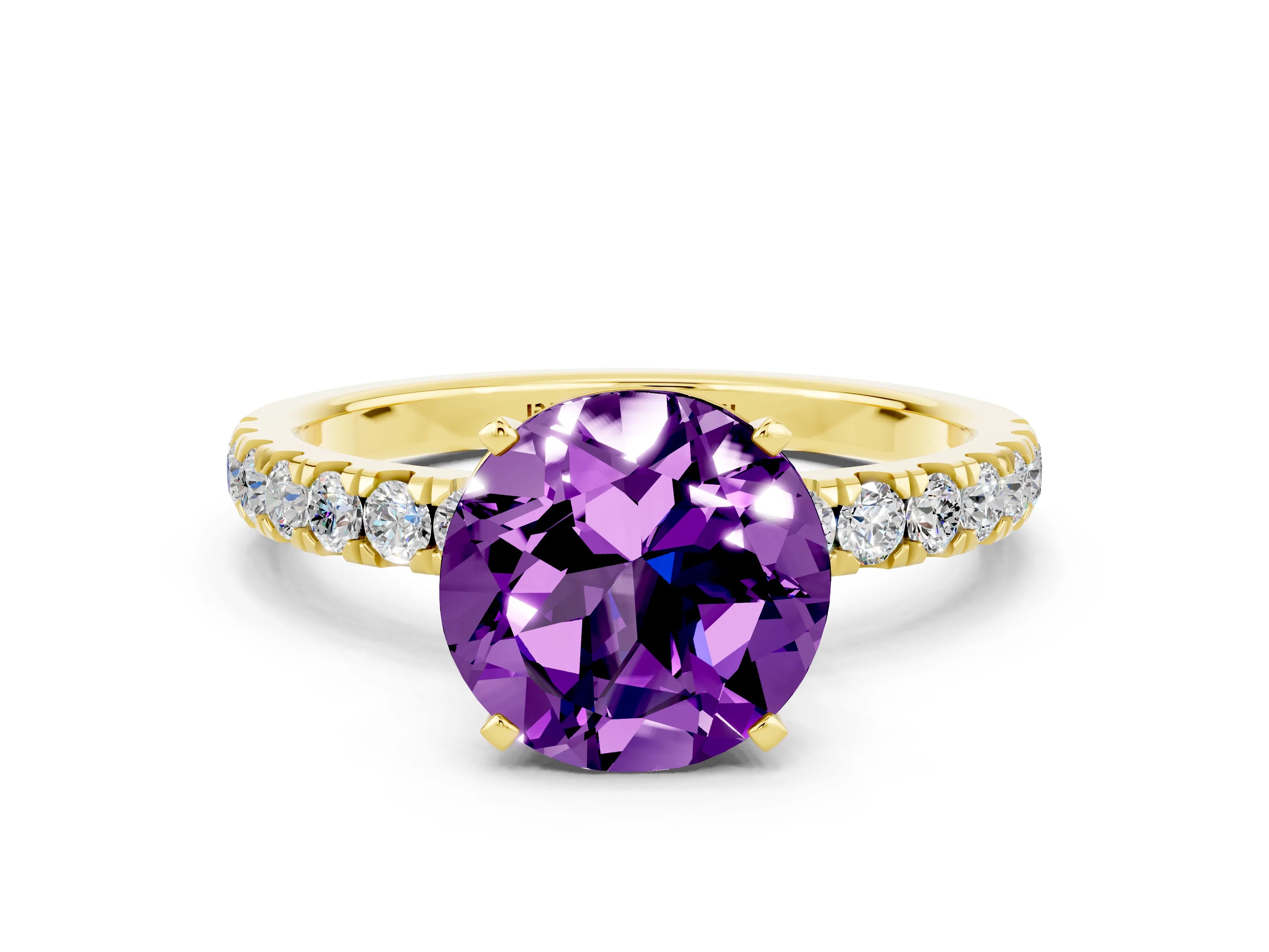 Yellow gold Round Cut Amethyst Solitaire Ring with Pavé Accents and Four-Prong Setting