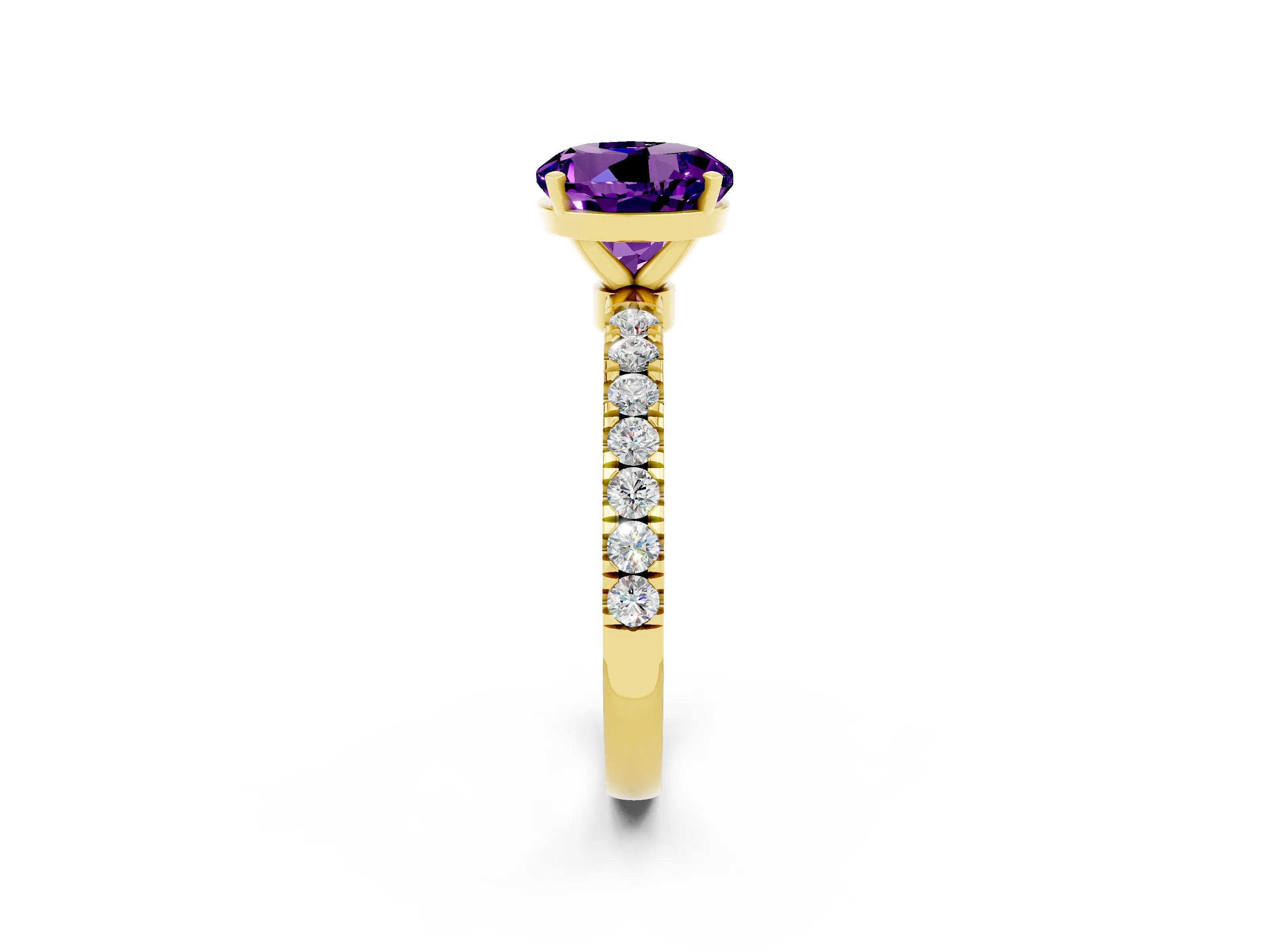 Yellow gold Round Cut Amethyst Solitaire Ring with Pavé Accents and Four-Prong Setting_2