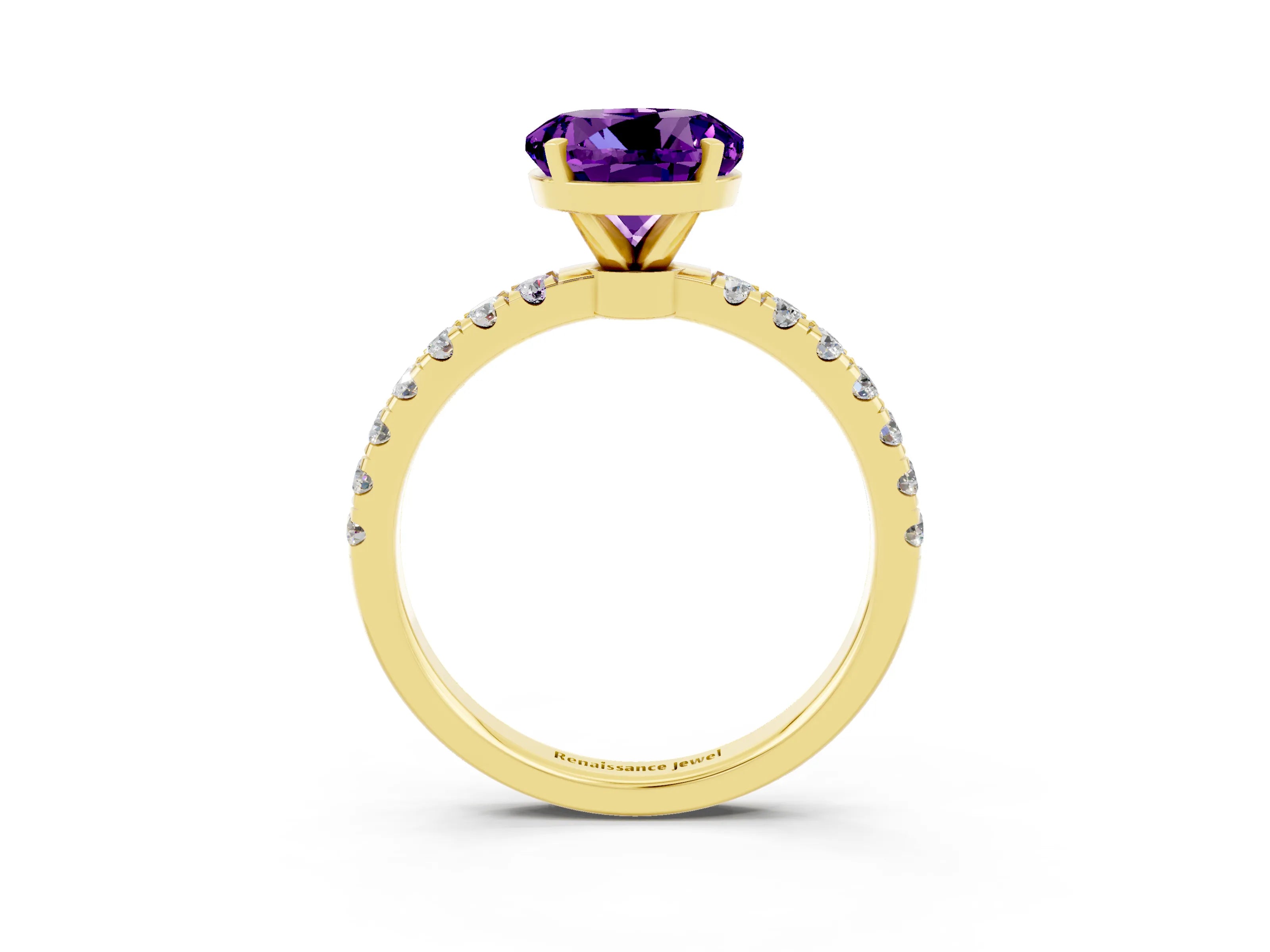 Yellow gold Round Cut Amethyst Solitaire Ring with Pavé Accents and Four-Prong Setting_3