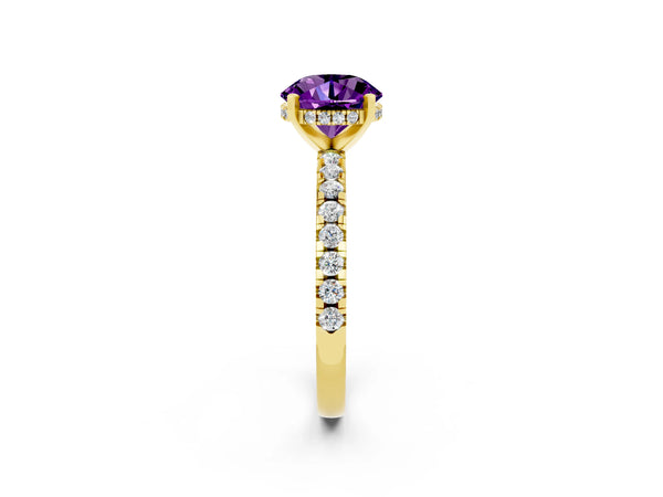 Yellow gold Round Cut Amethyst Solitaire Ring with Round  Pavé Band and Four-Prong Setting