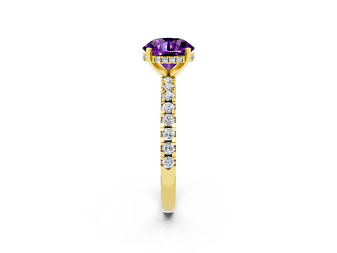 Yellow gold Round Cut Amethyst Solitaire Ring with Pavé Band and Four-Prong Setting_26