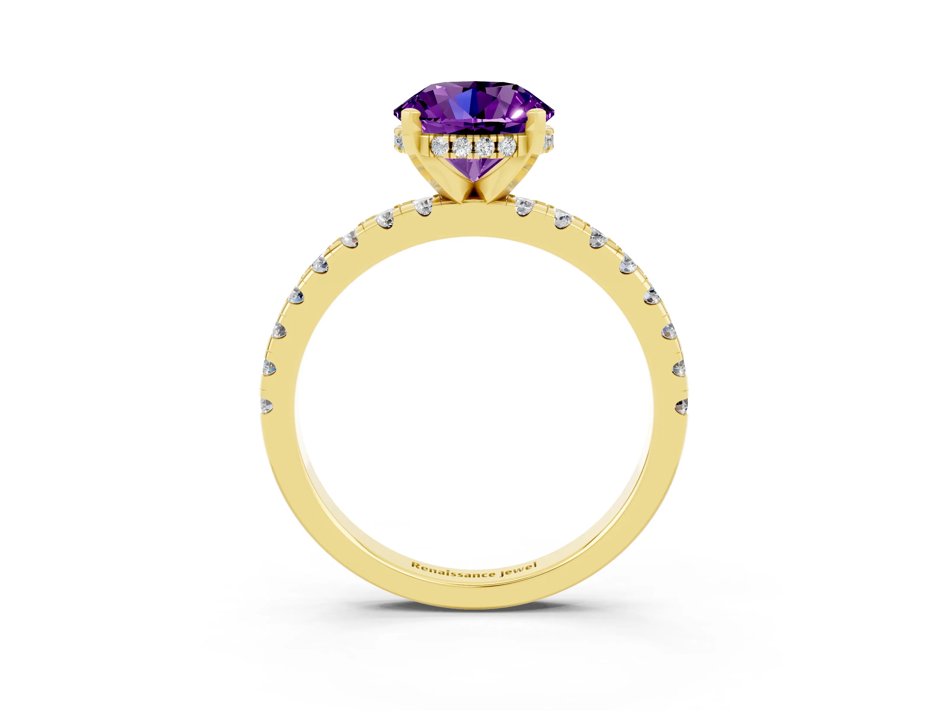 Yellow gold Round Cut Amethyst Solitaire Ring with Pavé Band and Four-Prong Setting_27