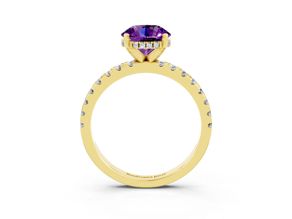 Yellow gold Round Cut Amethyst Solitaire Ring with Round  Pavé Band and Four-Prong Setting