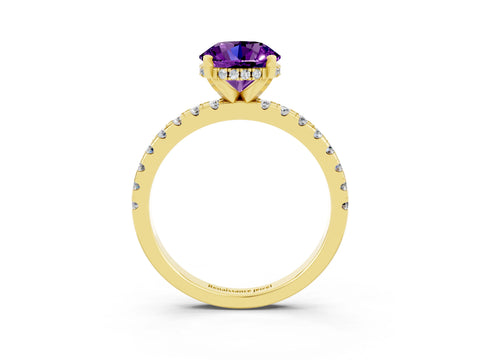 Yellow gold Round Cut Amethyst Solitaire Ring with Pavé Band and Four-Prong Setting_27