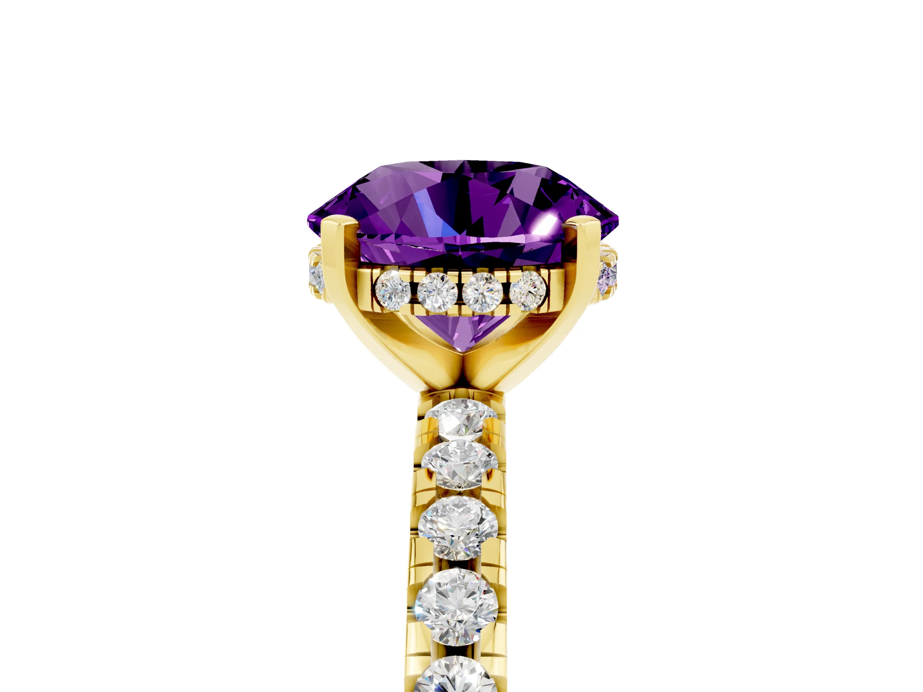 Yellow gold Round Cut Amethyst Solitaire Ring with Pavé Band and Four-Prong Setting_29