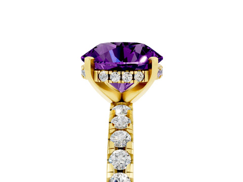 Yellow gold Round Cut Amethyst Solitaire Ring with Pavé Band and Four-Prong Setting_29
