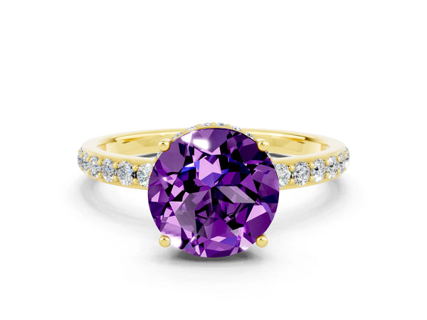 Yellow gold Round Cut Amethyst Solitaire Ring with Pavé Band and Hidden Halo