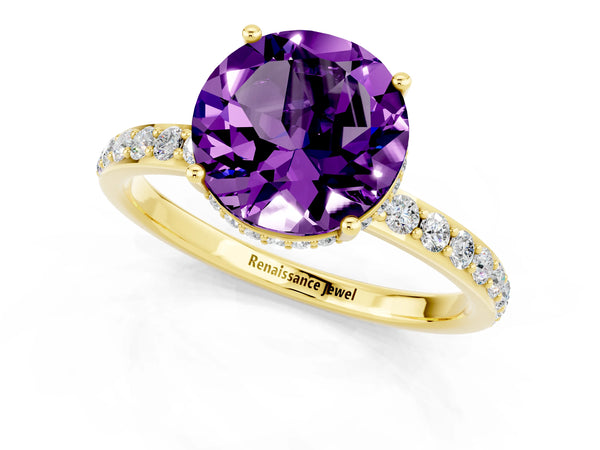 Yellow gold Round Cut Amethyst Solitaire Ring with Pavé Band and Hidden Halo