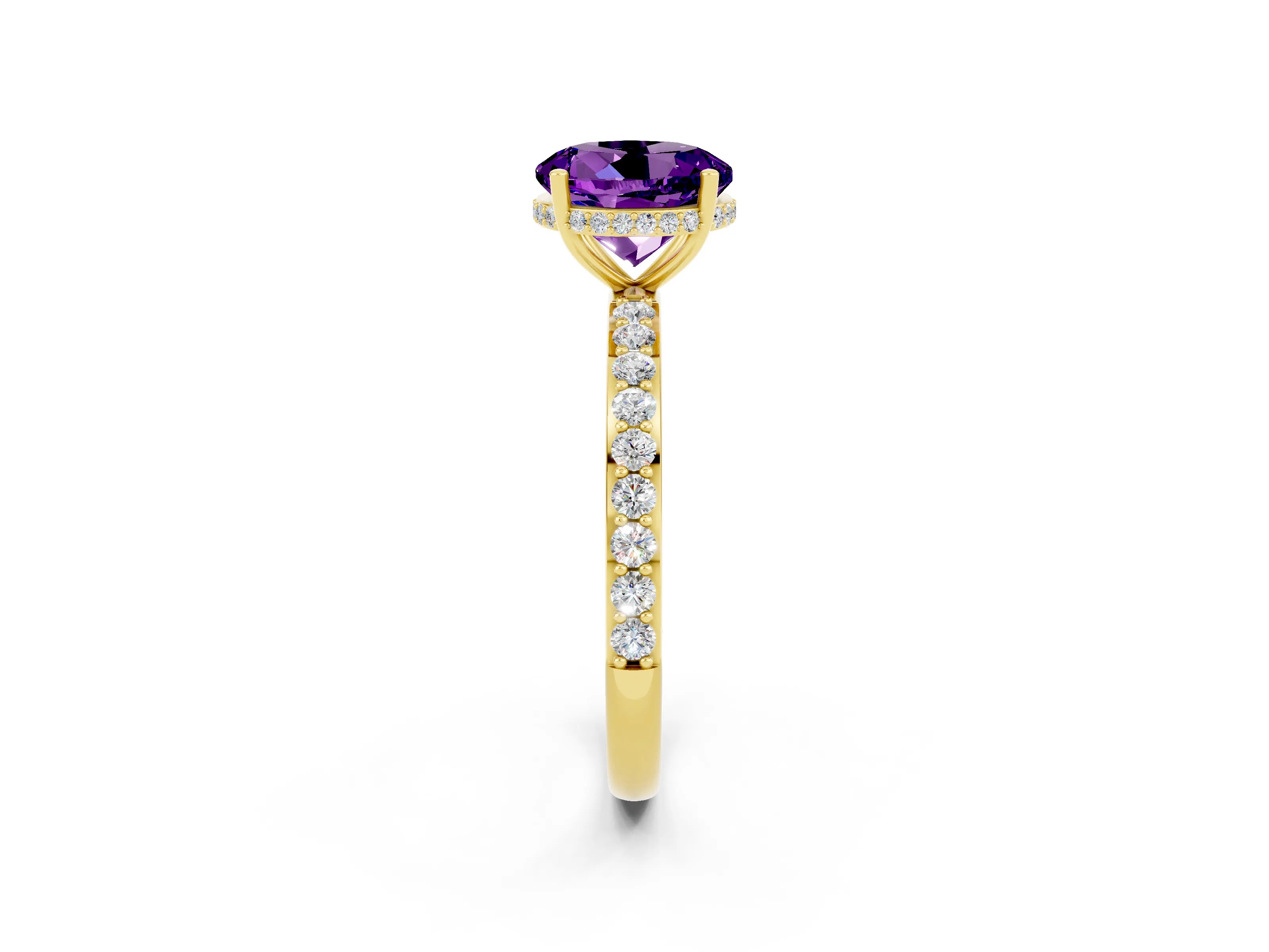 Yellow gold Round Cut Amethyst Solitaire Ring with Pavé Band and Hidden Halo_14