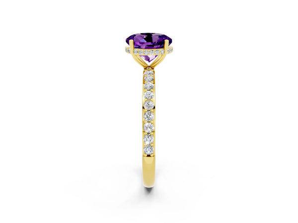 Yellow gold Round Cut Amethyst Solitaire Ring with Pavé Band and Hidden Halo
