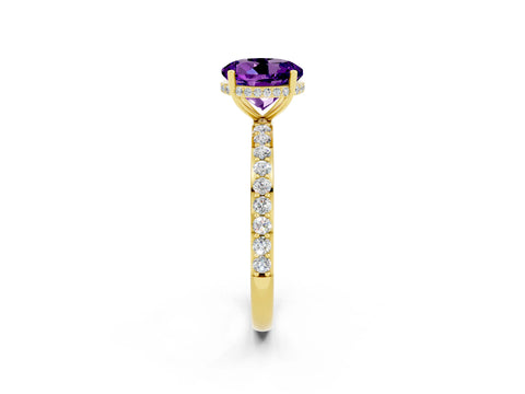 Yellow gold Round Cut Amethyst Solitaire Ring with Pavé Band and Hidden Halo_14