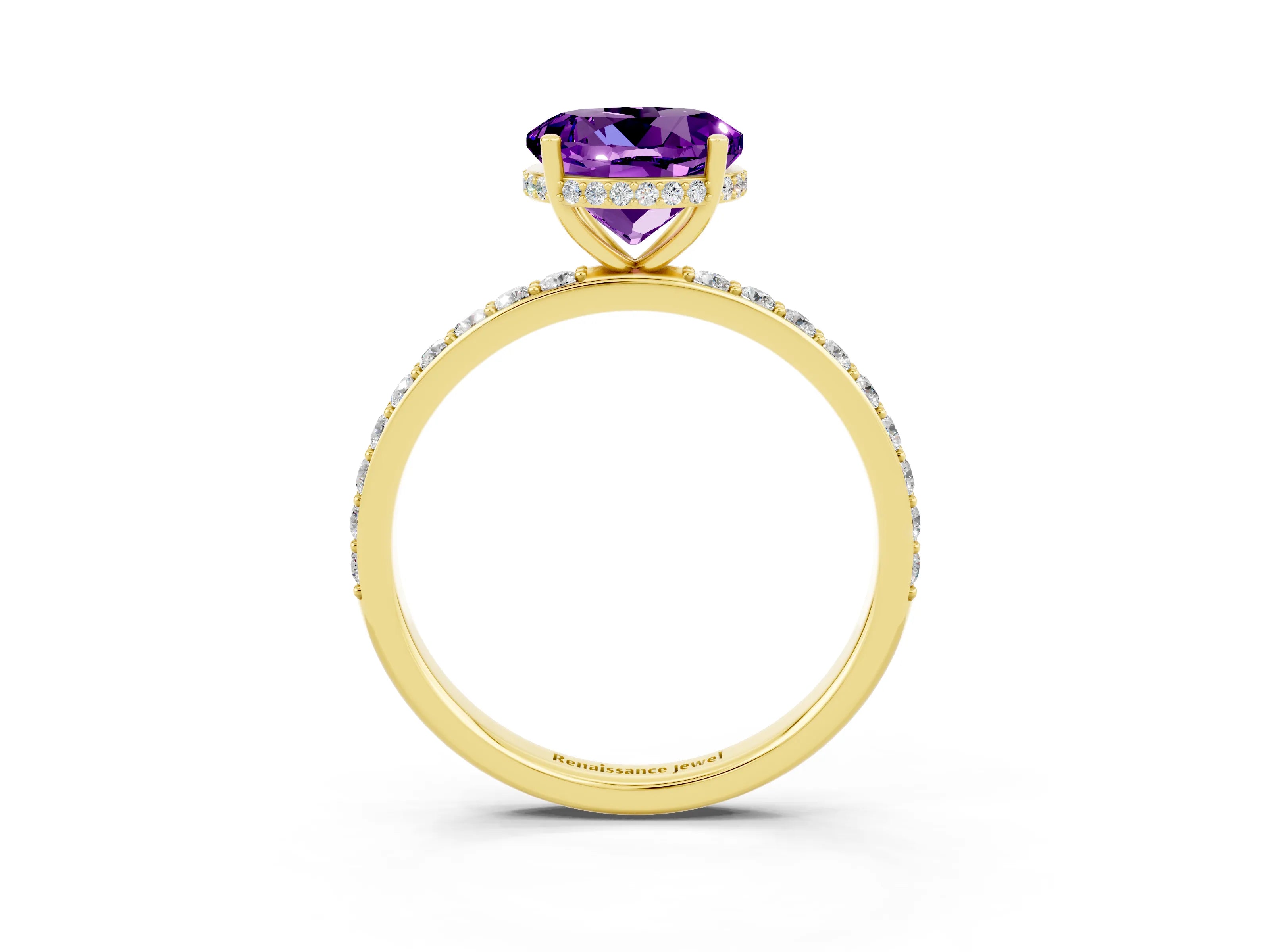 Yellow gold Round Cut Amethyst Solitaire Ring with Pavé Band and Hidden Halo_15