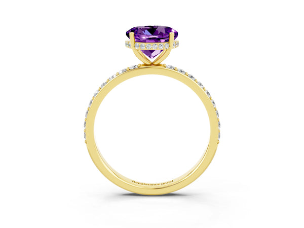 Yellow gold Round Cut Amethyst Solitaire Ring with Pavé Band and Hidden Halo