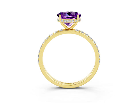 Yellow gold Round Cut Amethyst Solitaire Ring with Pavé Band and Hidden Halo_15