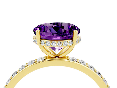 Yellow gold Round Cut Amethyst Solitaire Ring with Pavé Band and Hidden Halo_16