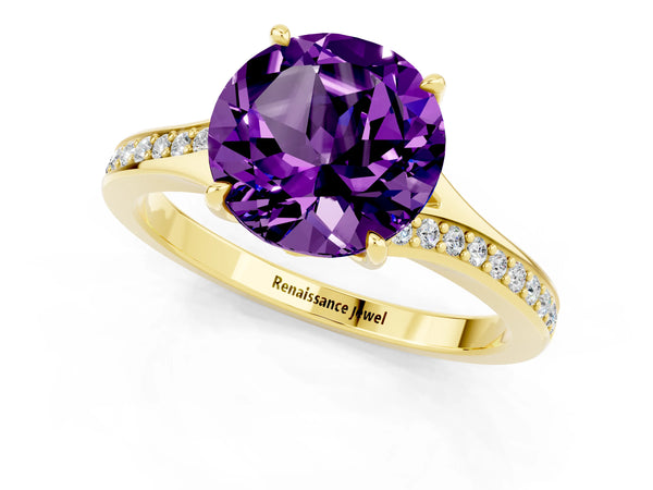 Yellow gold Round Cut Amethyst Solitaire Ring with Pavé Band and Prong Setting