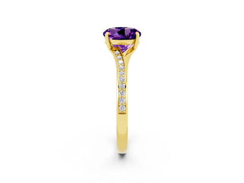 Yellow gold Round Cut Amethyst Solitaire Ring with Pavé Band and Prong Setting_14