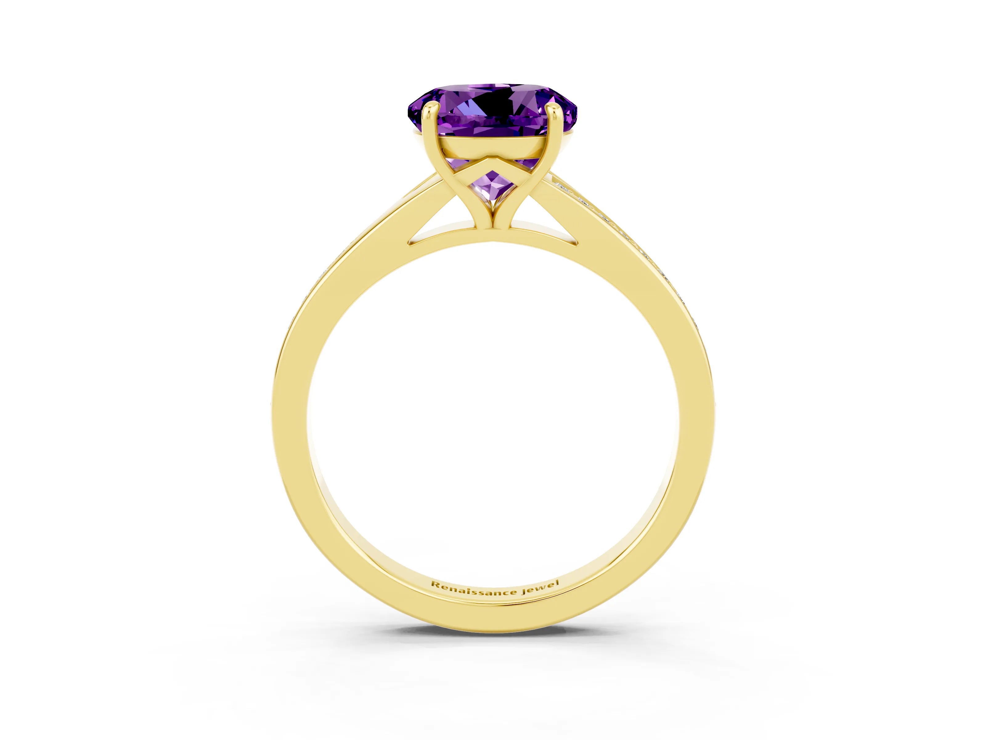 Yellow gold Round Cut Amethyst Solitaire Ring with Pavé Band and Prong Setting_15