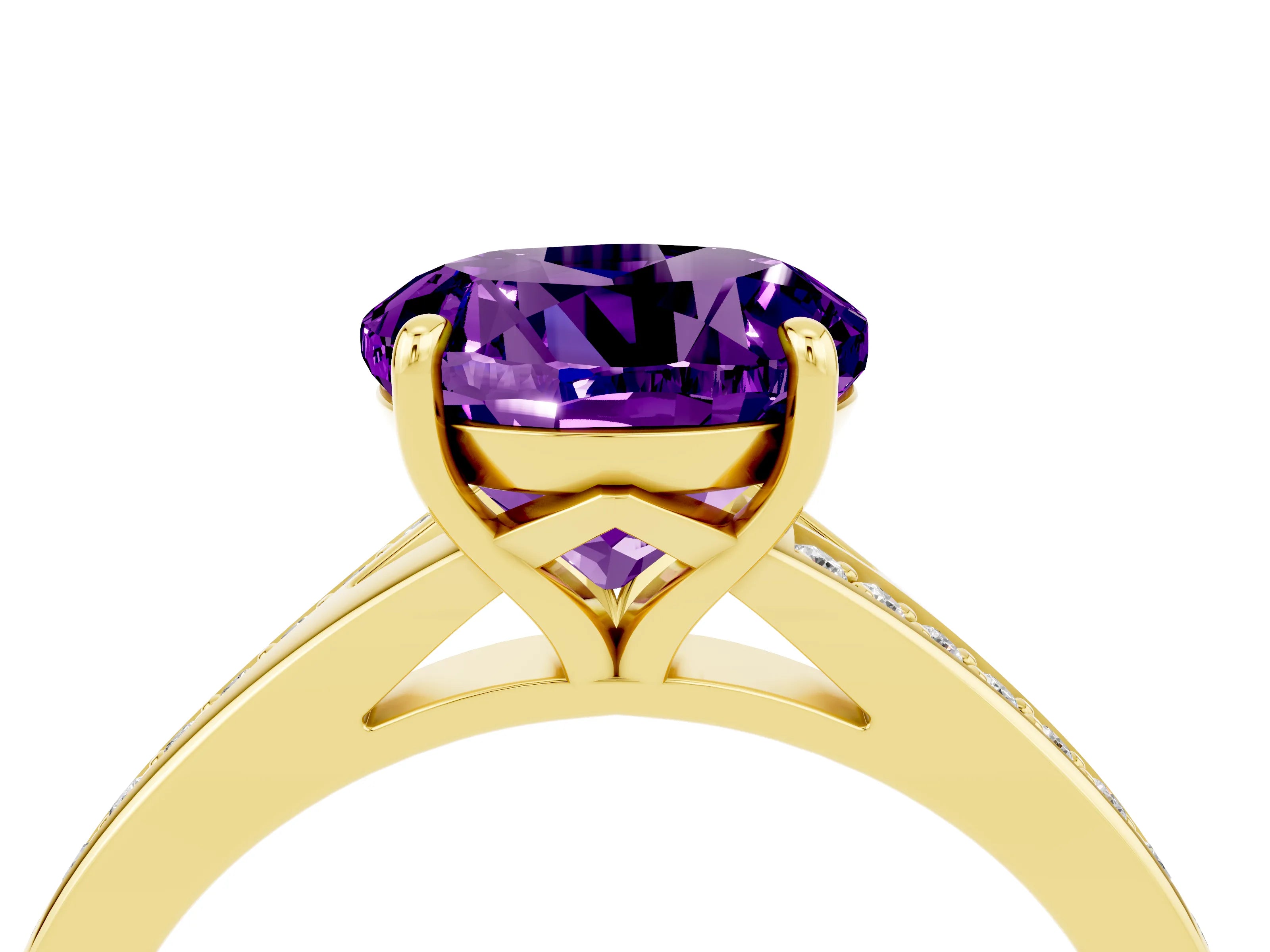 Yellow gold Round Cut Amethyst Solitaire Ring with Pavé Band and Prong Setting_16