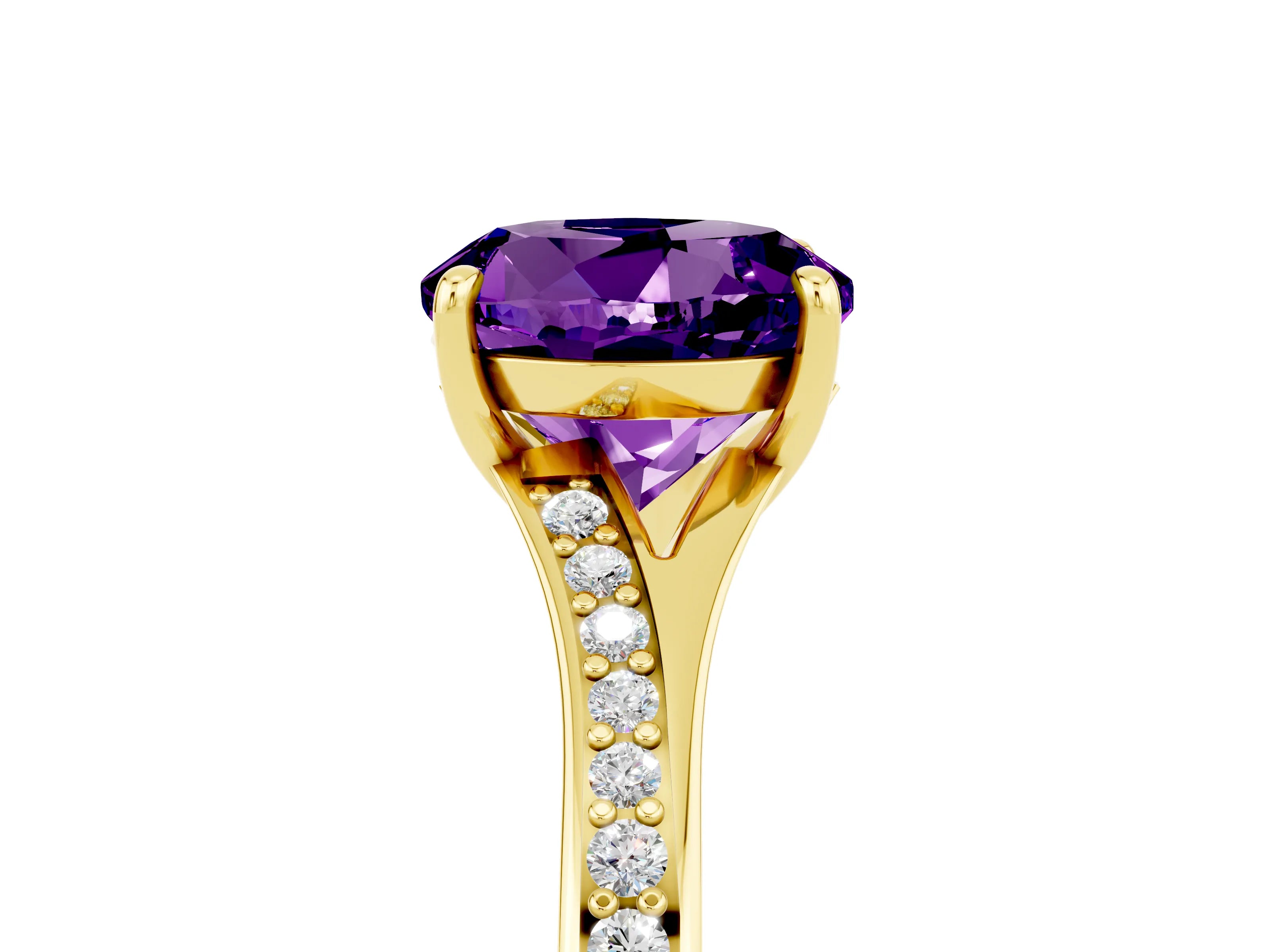 Yellow gold Round Cut Amethyst Solitaire Ring with Pavé Band and Prong Setting_17